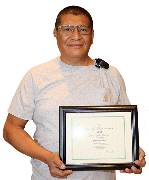 Rufino Galan, Value Stream Manager for Madras Plant 15 and 16, won the grading competition at Western Wood Product Association’s (WWPA) meeting on May 7 at John Day, Oregon. This is the second year in a row Rufino has come out on top despite going up against certified graders and experienced wood people from Oregon and Washington.