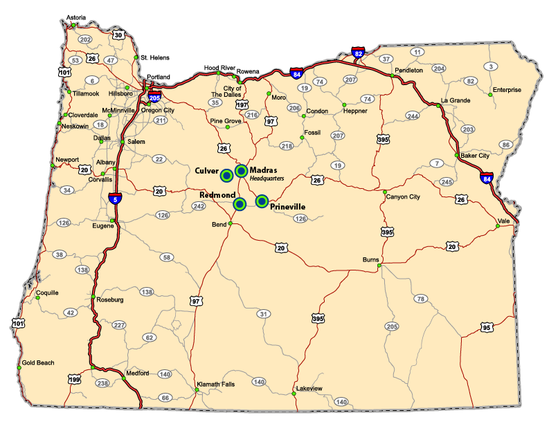 Map of Oregon with Madras, Culver, Redmond, and Prineville highlighted