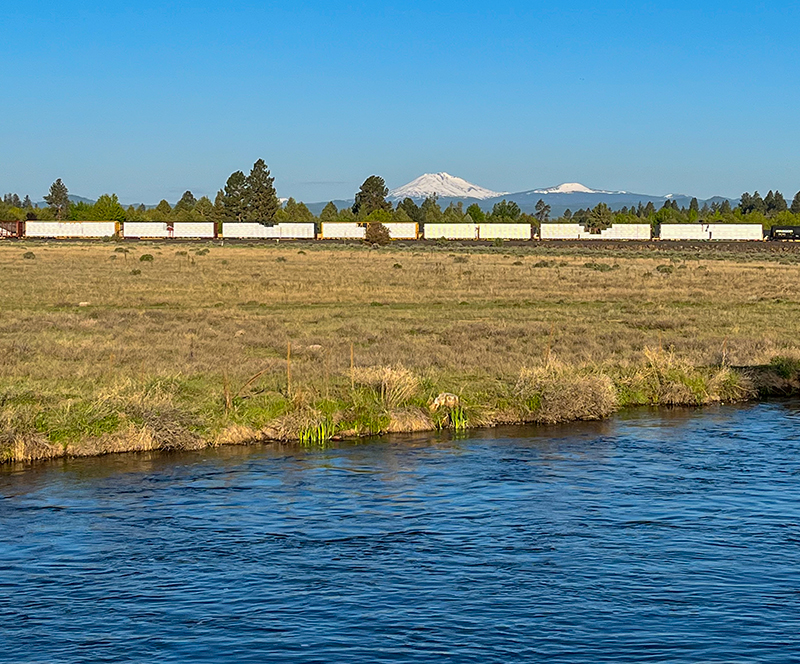 Bright Wood's engineered dimension lumber on a train in Bend, Oregon